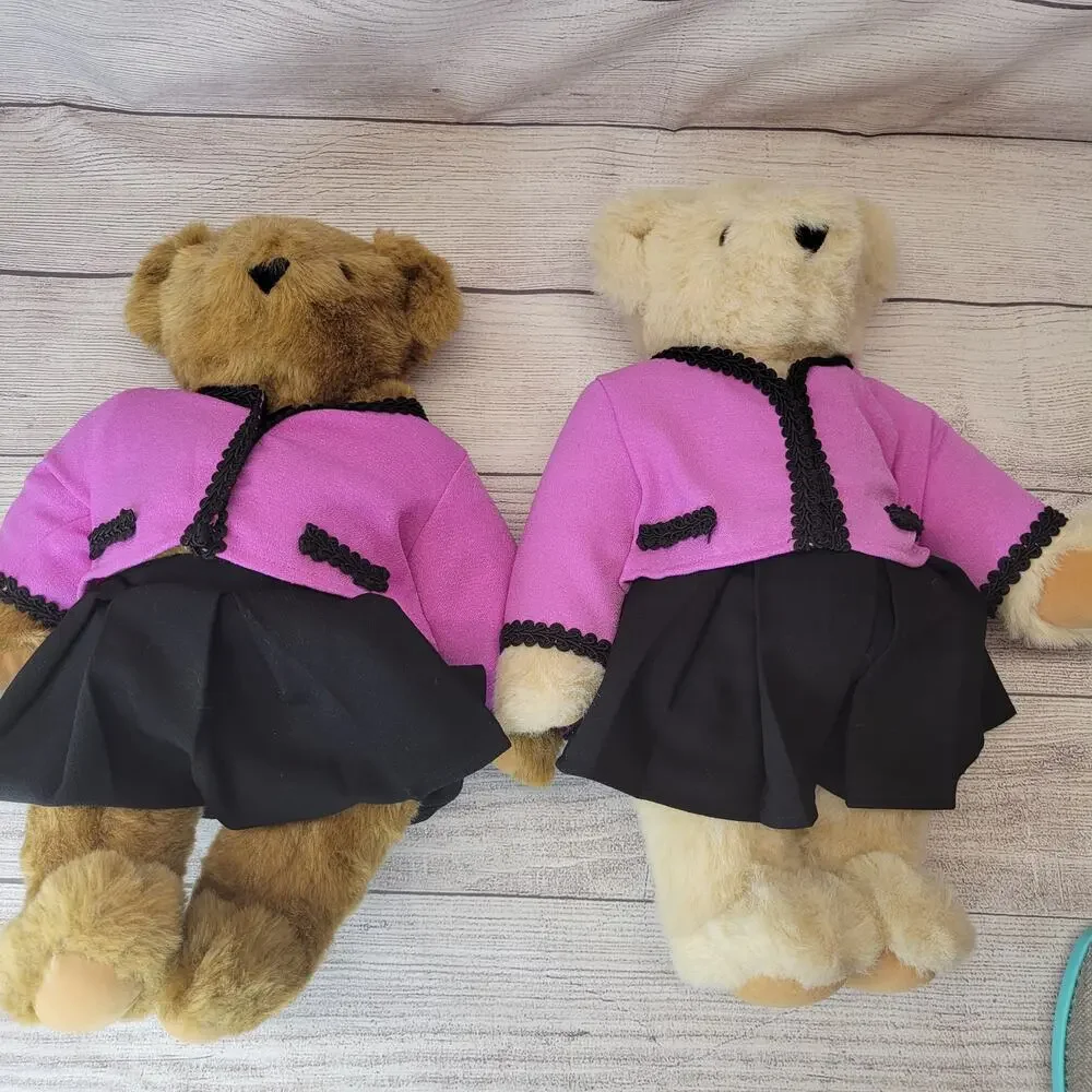 Set of Two Vermont Teddy Bears Tan and Beige Fur with Pink Black Outfits